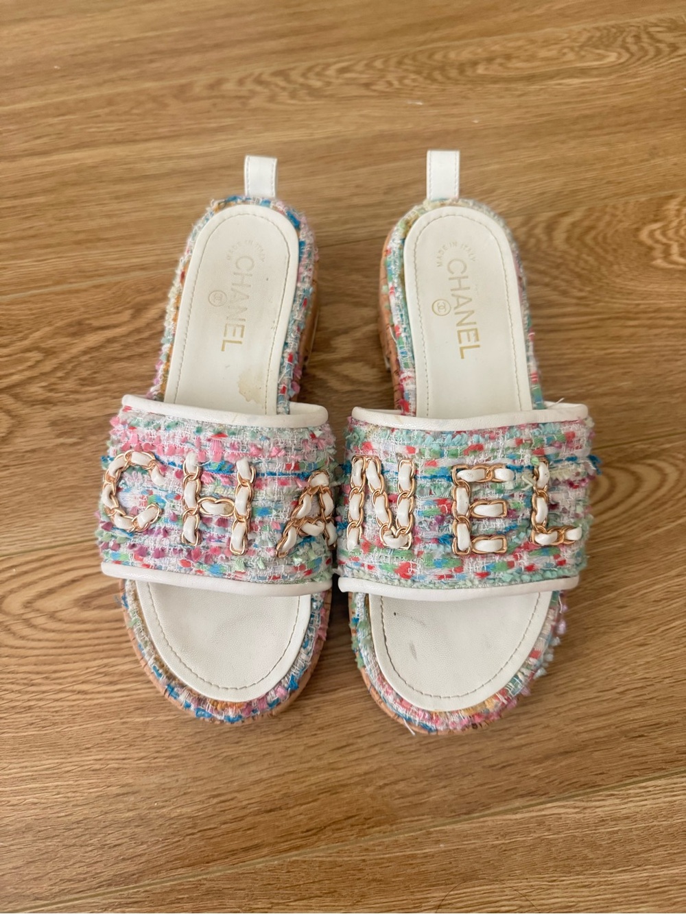 CHANEL Tweed Slide Sandals in Pastel Multi size 37